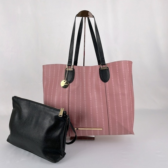 Steve Madden Large Logo Pebbled Leather Pink Tote Bag with Black Envelope Bag - Picture 1 of 14